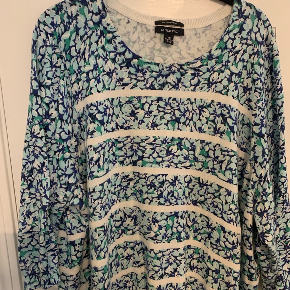Plus size Lands End floral stripe crew neck Supima  cotton sweater